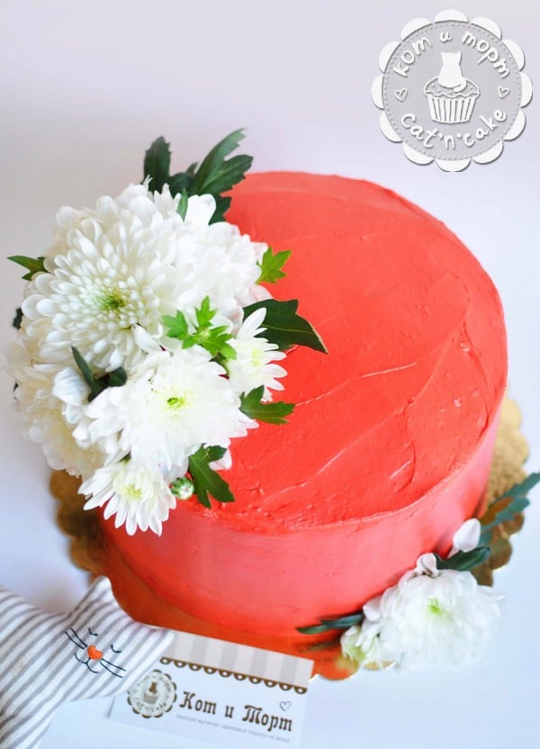 Красный торт с белыми хризантемами