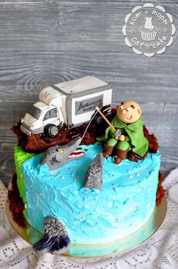 Торт для рыбака со щукой и машиной
